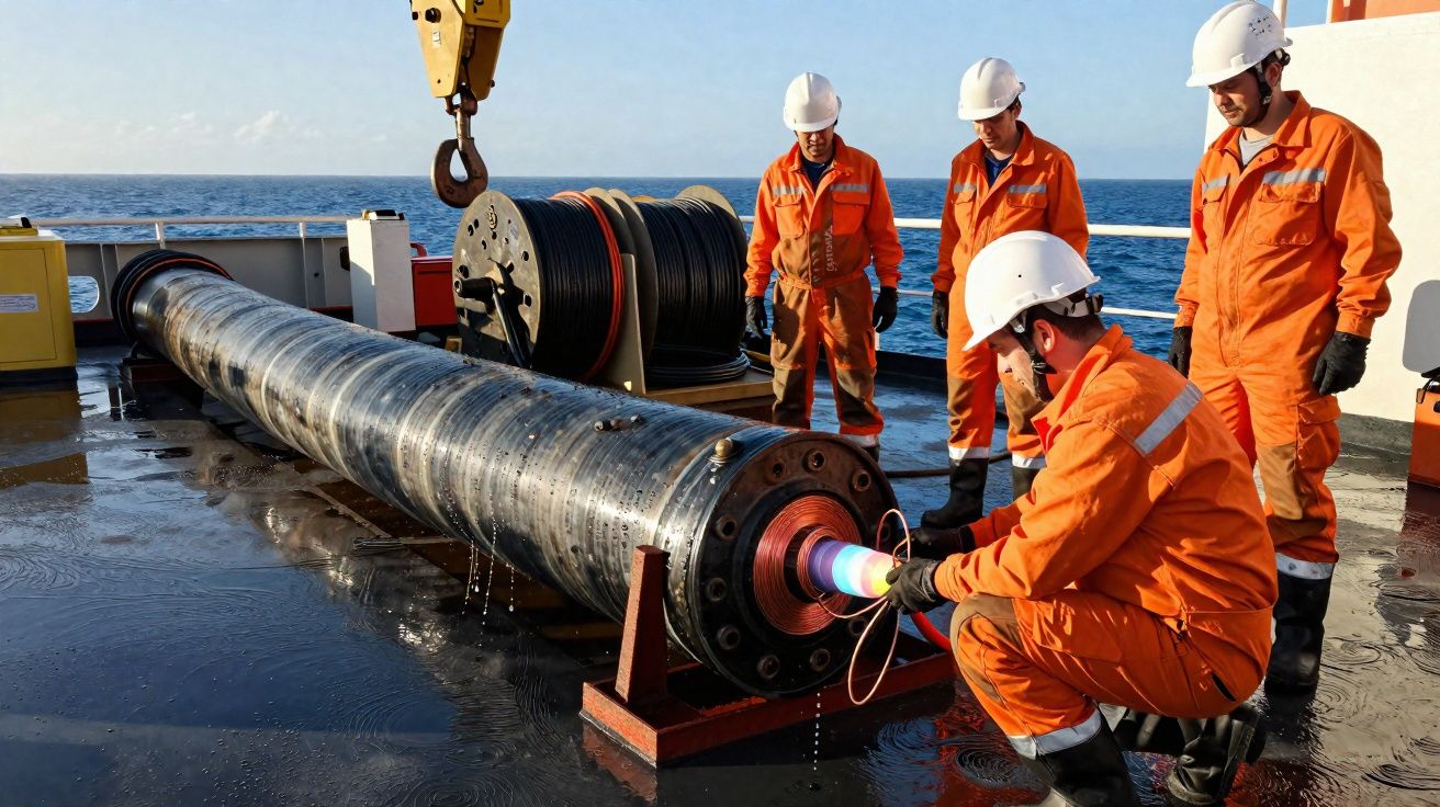 Quatro técnicos em fato de proteção laranja e capacete branco analisam tubo metálico num navio no mar.