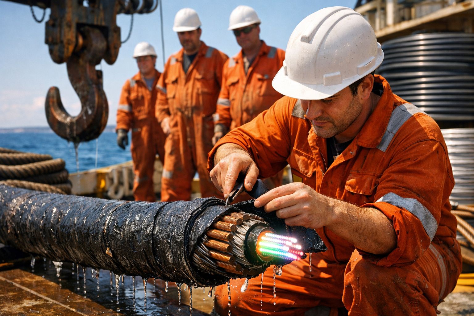 Trabalhadores em fatos laranja e capacetes a inspeccionar um cabo de fibra ótica num ambiente marítimo.
