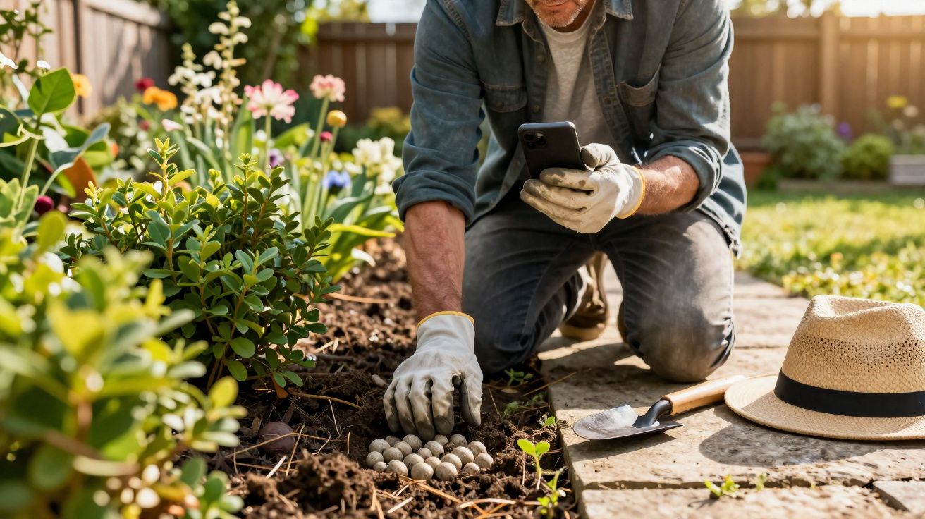 Homem de joelhos a plantar bolas de fertilizante no jardim, segurando um telemóvel, com chapéu e enxada ao lado.