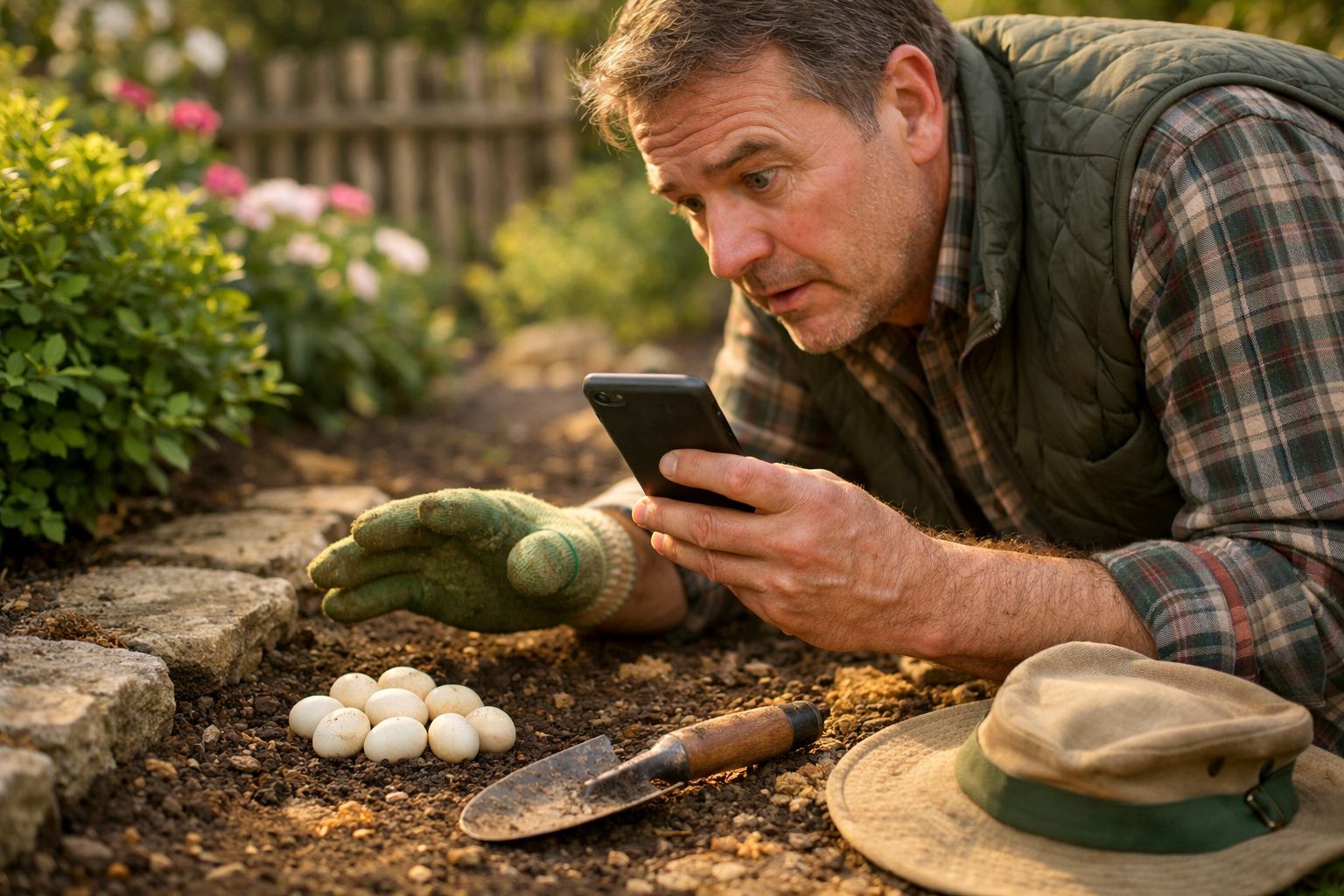 Homem deitado no jardim a tirar foto de ovos de pássaro no solo com telemóvel.