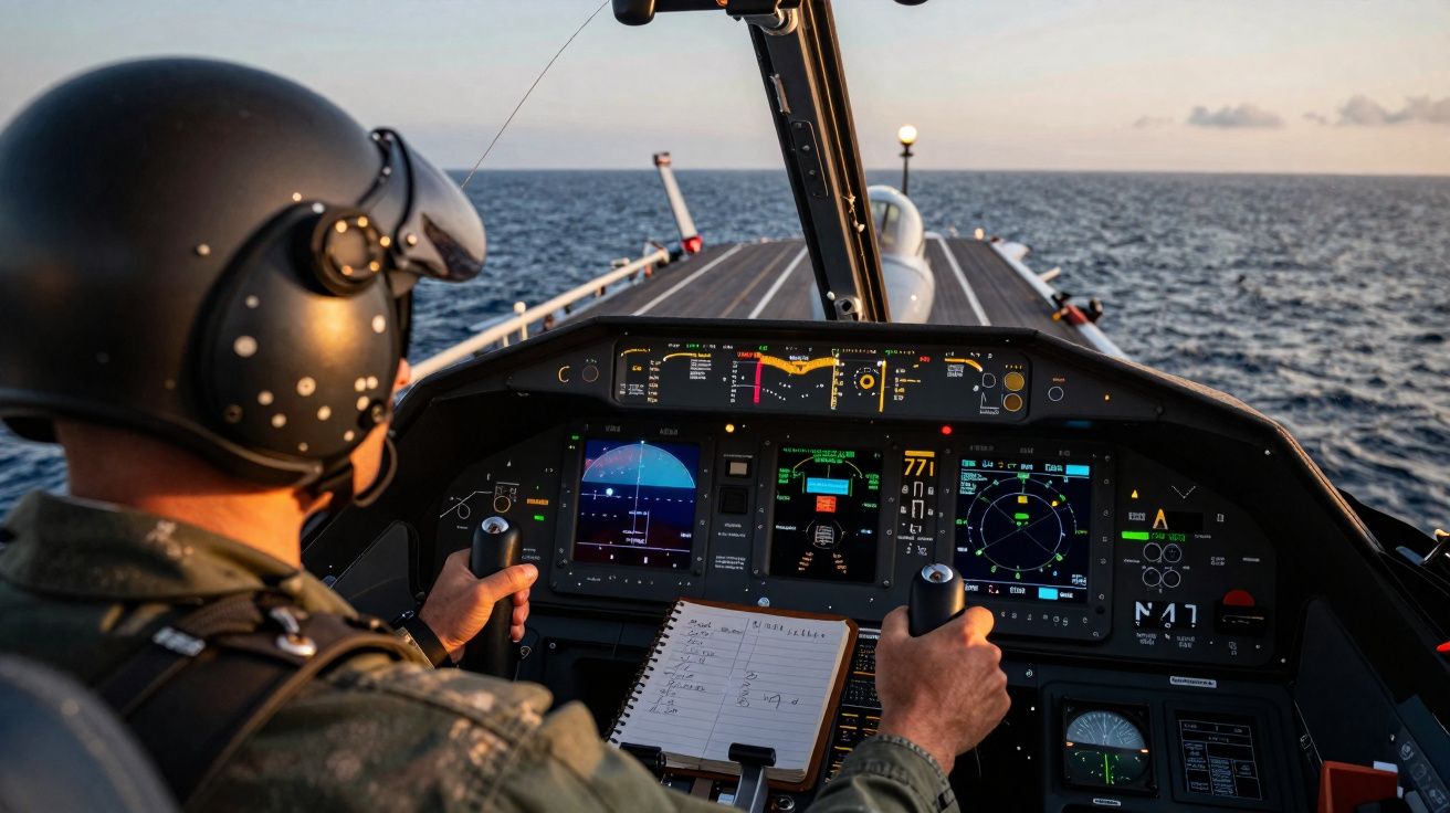 Piloto militar com capacete controla helicóptero com vista para convés de porta-aviões no mar ao pôr do sol.