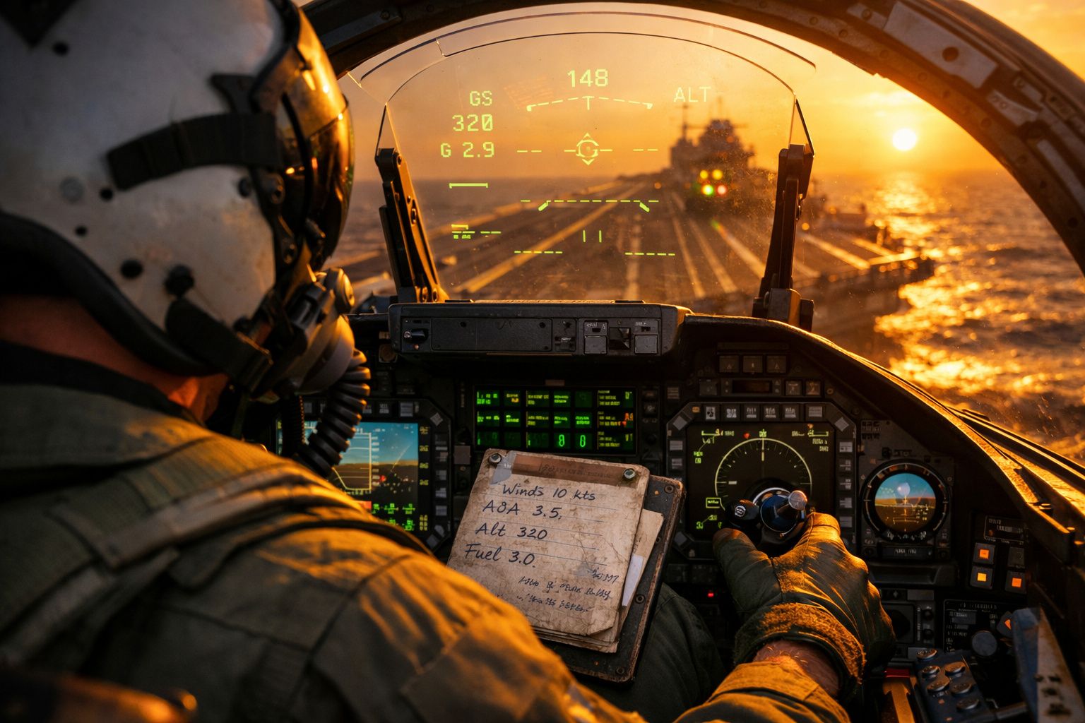 Piloto militar em cockpit de helicóptero a aproximar-se de porta-aviões ao pôr do sol no mar.