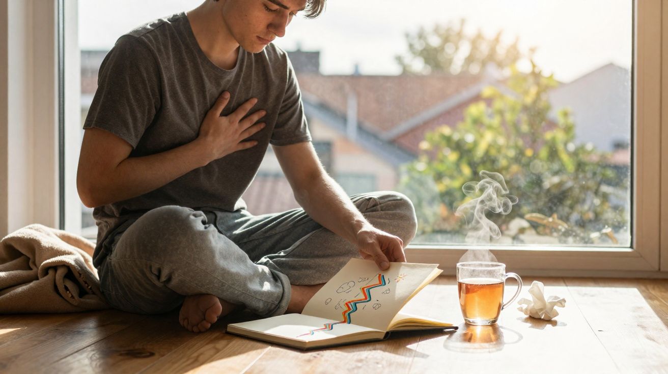 Jovem sentado no chão junto a uma janela, segurando o peito e lendo um livro, com chá a fumegar ao lado.