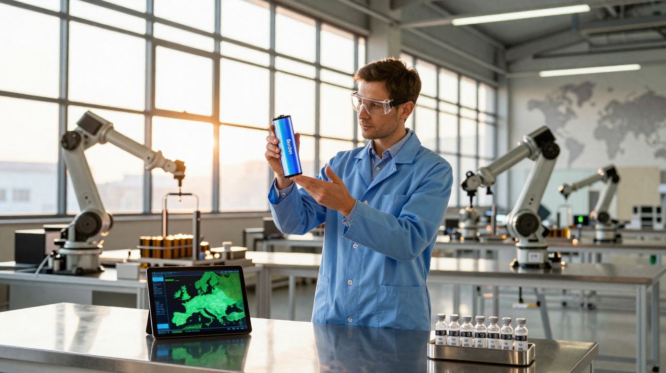 Homem de bata azul e óculos de proteção analisa bateria numa fábrica moderna com robôs industriais.