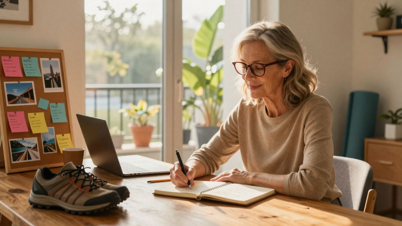 Mulher sénior a escrever num caderno sentada numa mesa com computador e ténis num ambiente luminoso.