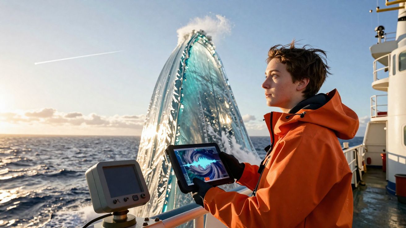 Pessoa com casaco laranja observa baleia a emergir da água num barco ao pôr do sol.