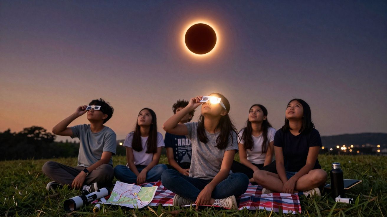 Grupo de jovens sentado na relva a observar um eclipse solar com óculos protetores ao anoitecer.