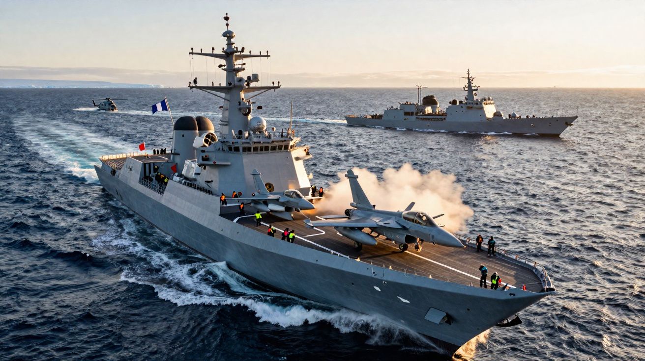 Navios de guerra e caças militares na base de descolagem em mar calmo ao pôr do sol.