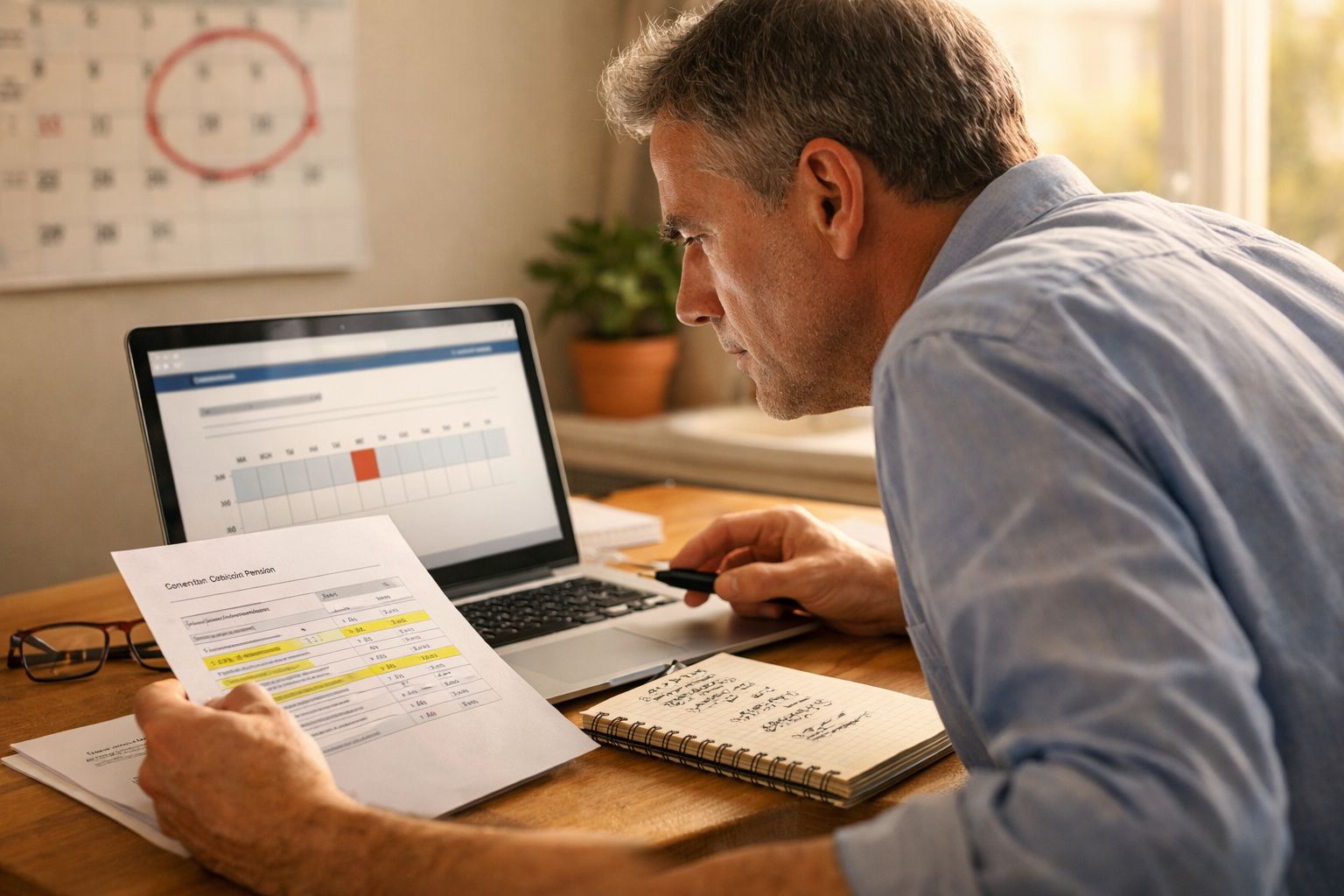 Homem sentado a analisar documentos e gráficos no computador numa mesa de trabalho com caderno e óculos.
