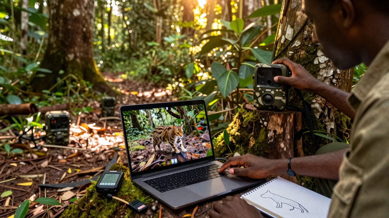 Pessoa a monitorizar tigre numa floresta usando laptop, câmara de fauna e desenho de animal.