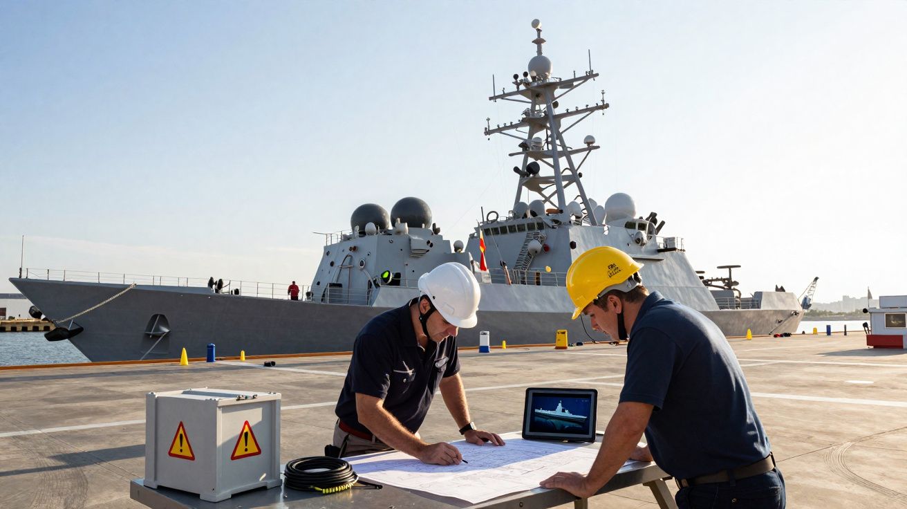 Dois técnicos com capacetes analisam planos junto a um navio de guerra ancorado num porto.