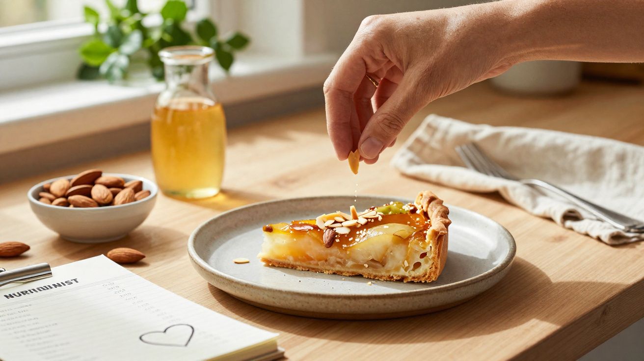 Fatia de tarte com amêndoas sendo polvilhada, copo com bebida e caderno sobre mesa de madeira.