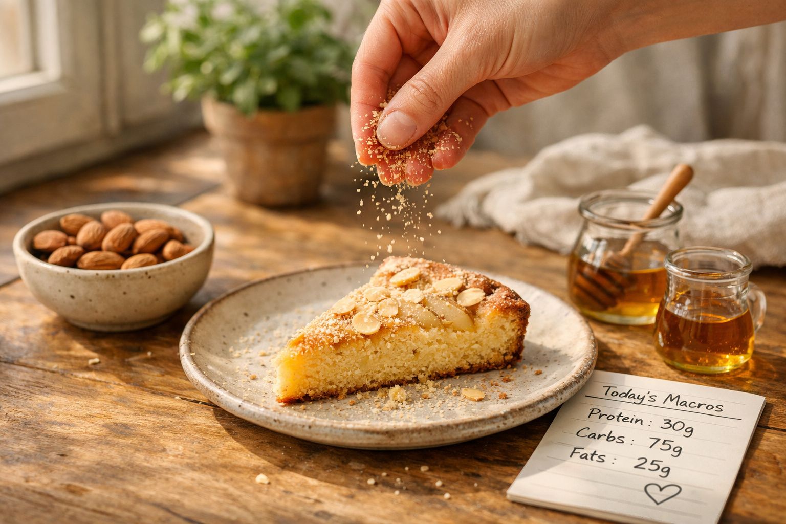 Mão a polvilhar açúcar em bolo de amêndoa num prato, com mel e amêndoas na mesa de madeira.