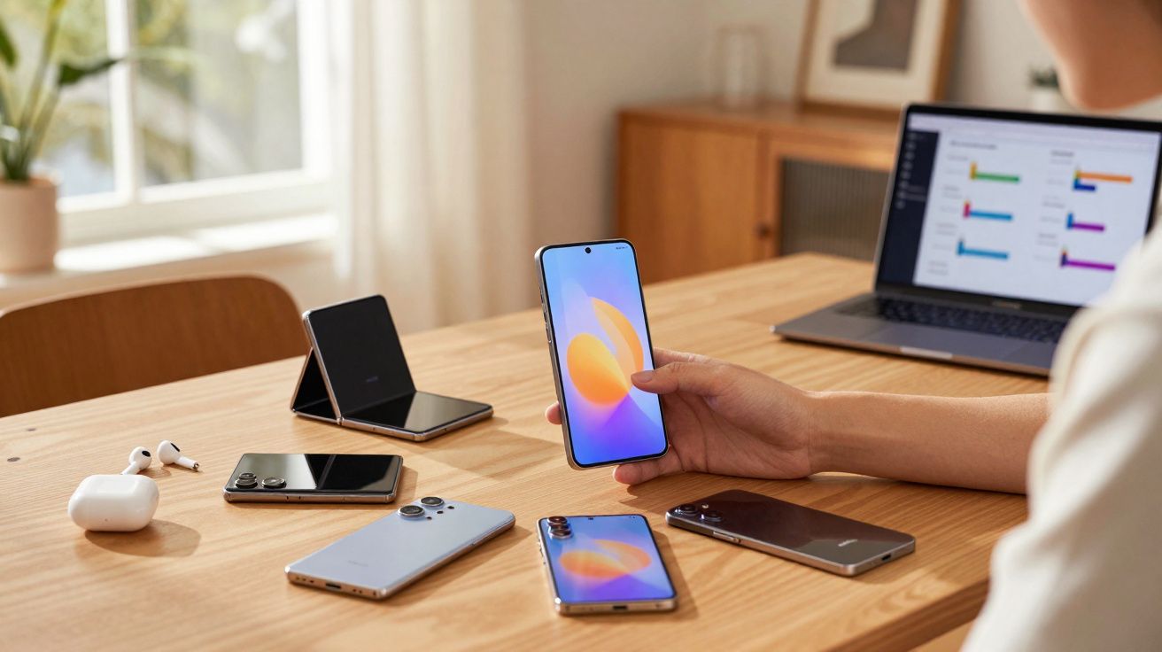 Pessoa a segurar telemóvel moderno numa mesa com vários telemóveis, auriculares e portátil ao fundo.