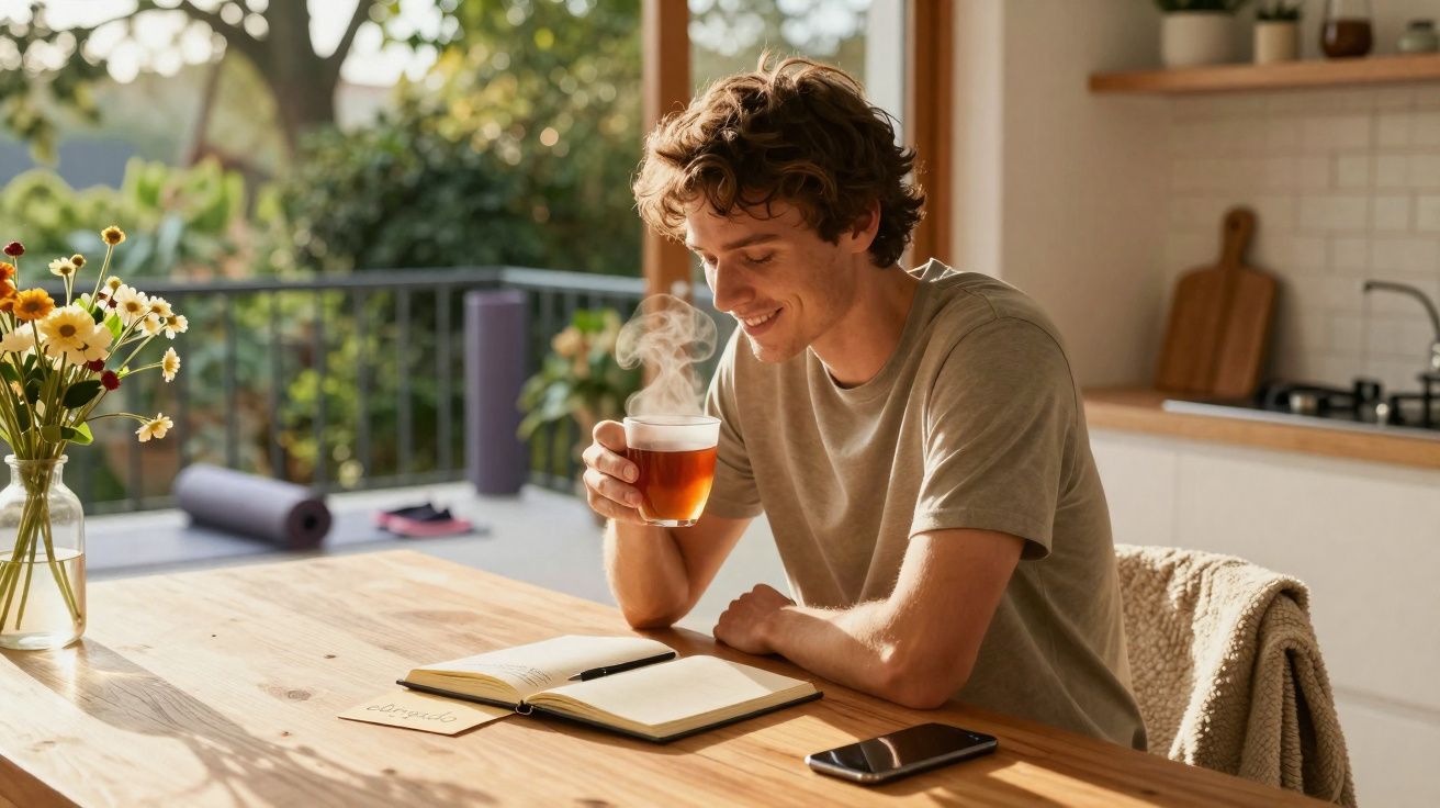 Homem sentado à mesa com chá quente e caderno aberto numa cozinha luminosa com varanda ao fundo.