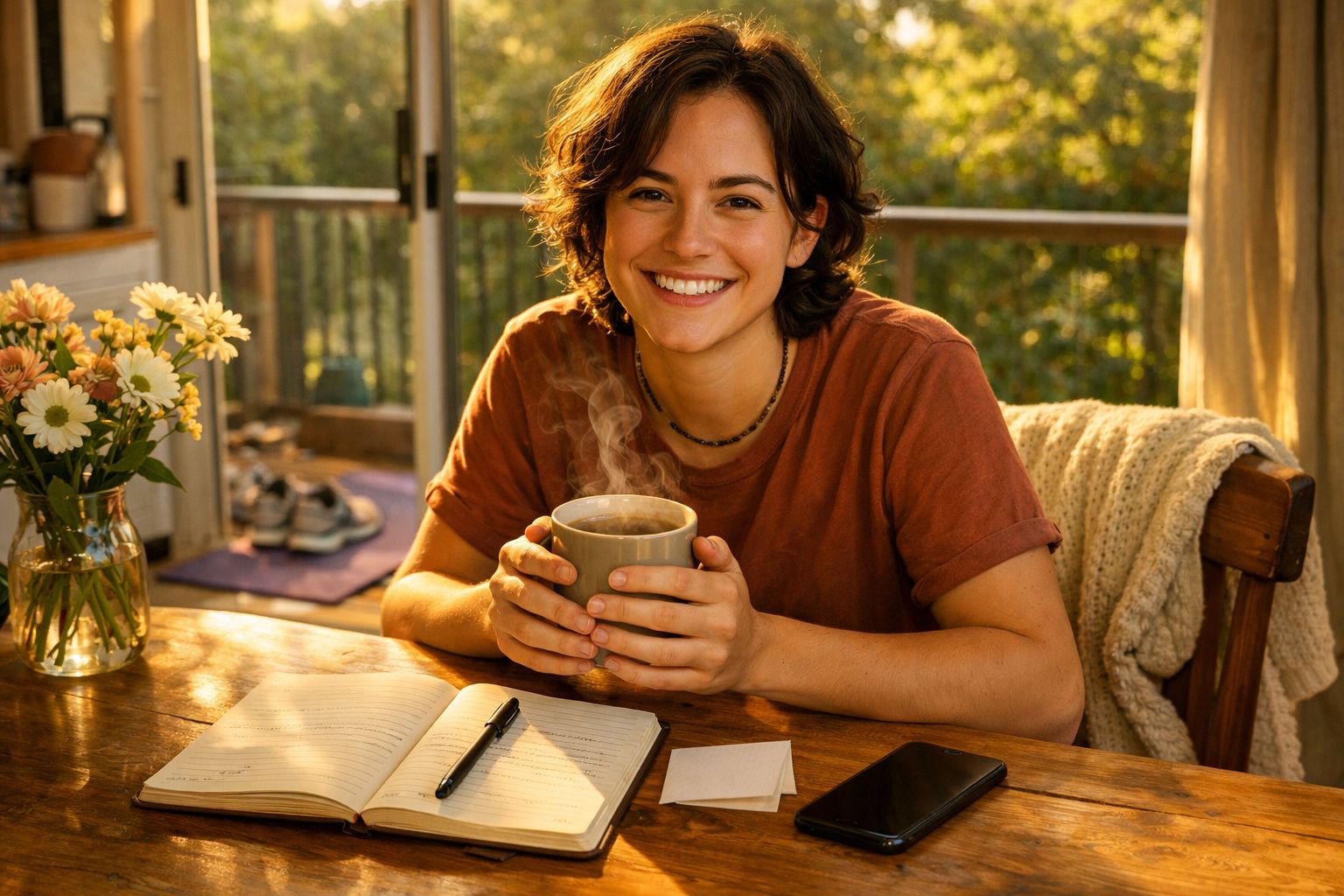 Pessoa sorridente a segurar uma bebida quente, sentada à mesa com caderno, telemóvel e flores ao lado.