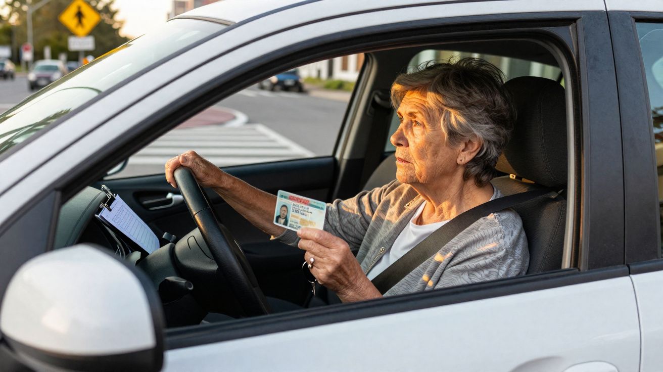 Mulher idosa com cinto de segurança mostra carta de condução sentada ao volante de carro branco.