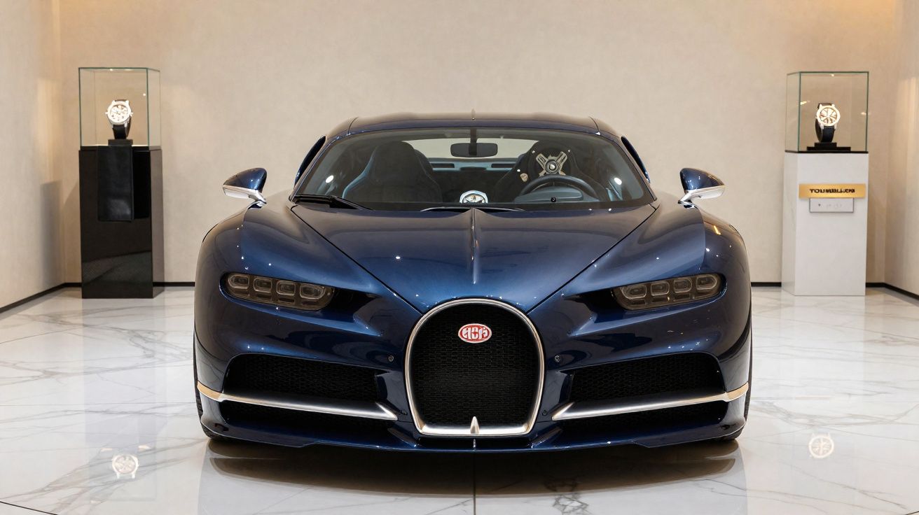 Automóvel desportivo azul escuro exibido em espaço com chão de mármore e dois relógios em expositores.