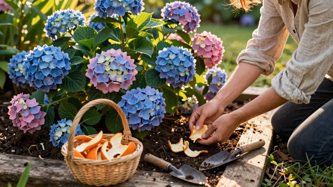 Pessoa a preparar composto orgânico com cascas de laranja junto a flores de hortênsia num canteiro de jardim.