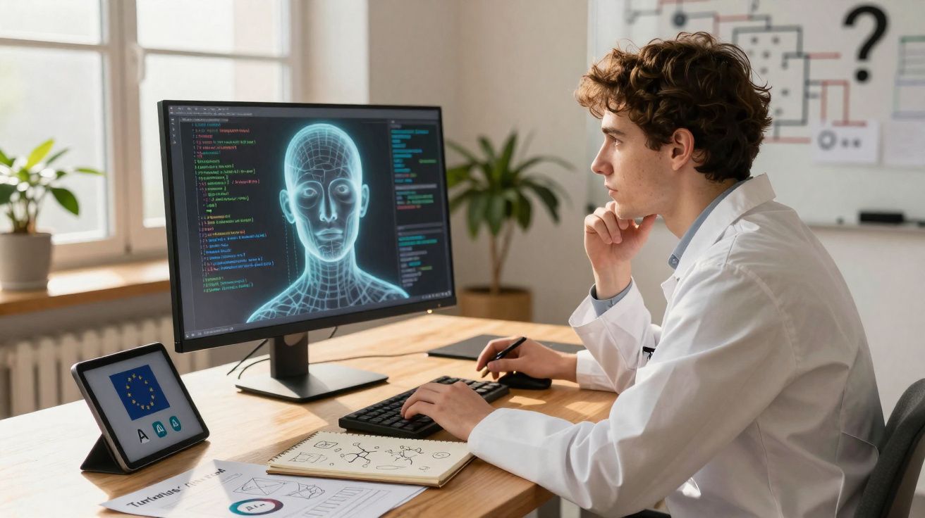 Homem jovem de bata branca a analisar imagem 3D de cabeça humana num ecrã de computador.