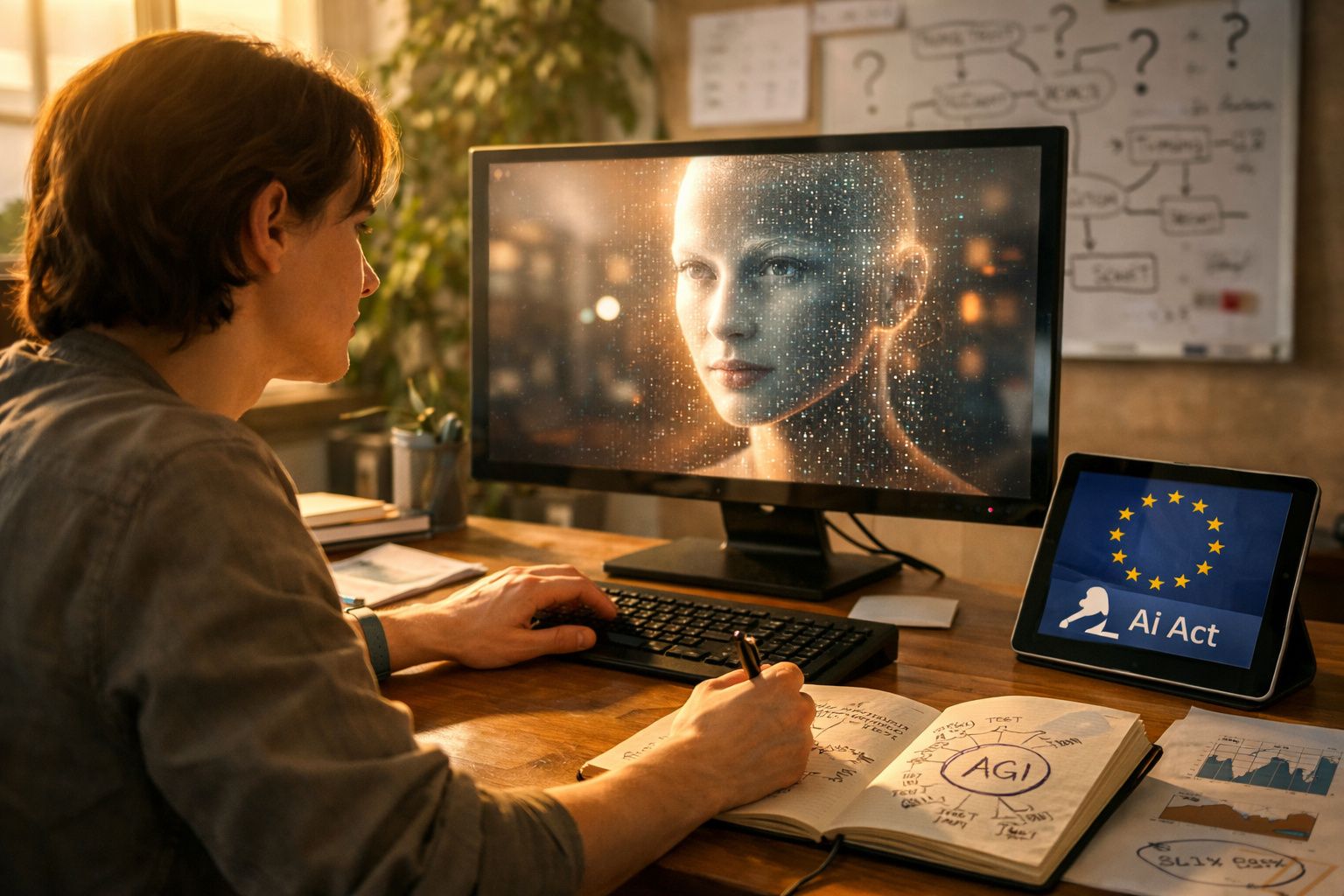 Pessoa a trabalhar num computador com imagem digital de rosto humano e tablet com símbolo da UE e texto Ai Act.