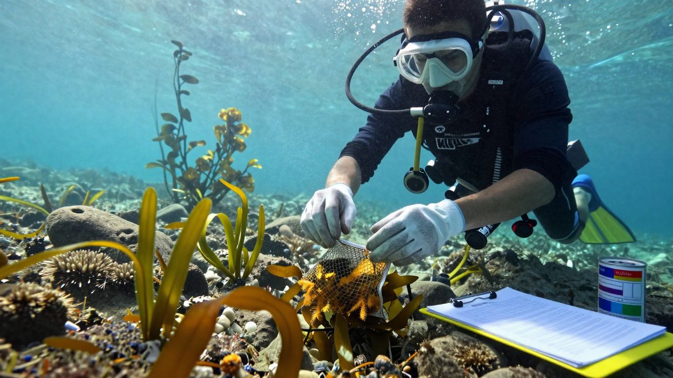 Mergulhador a recolher amostras marinhas perto de plantas subaquáticas com prancheta ao lado.
