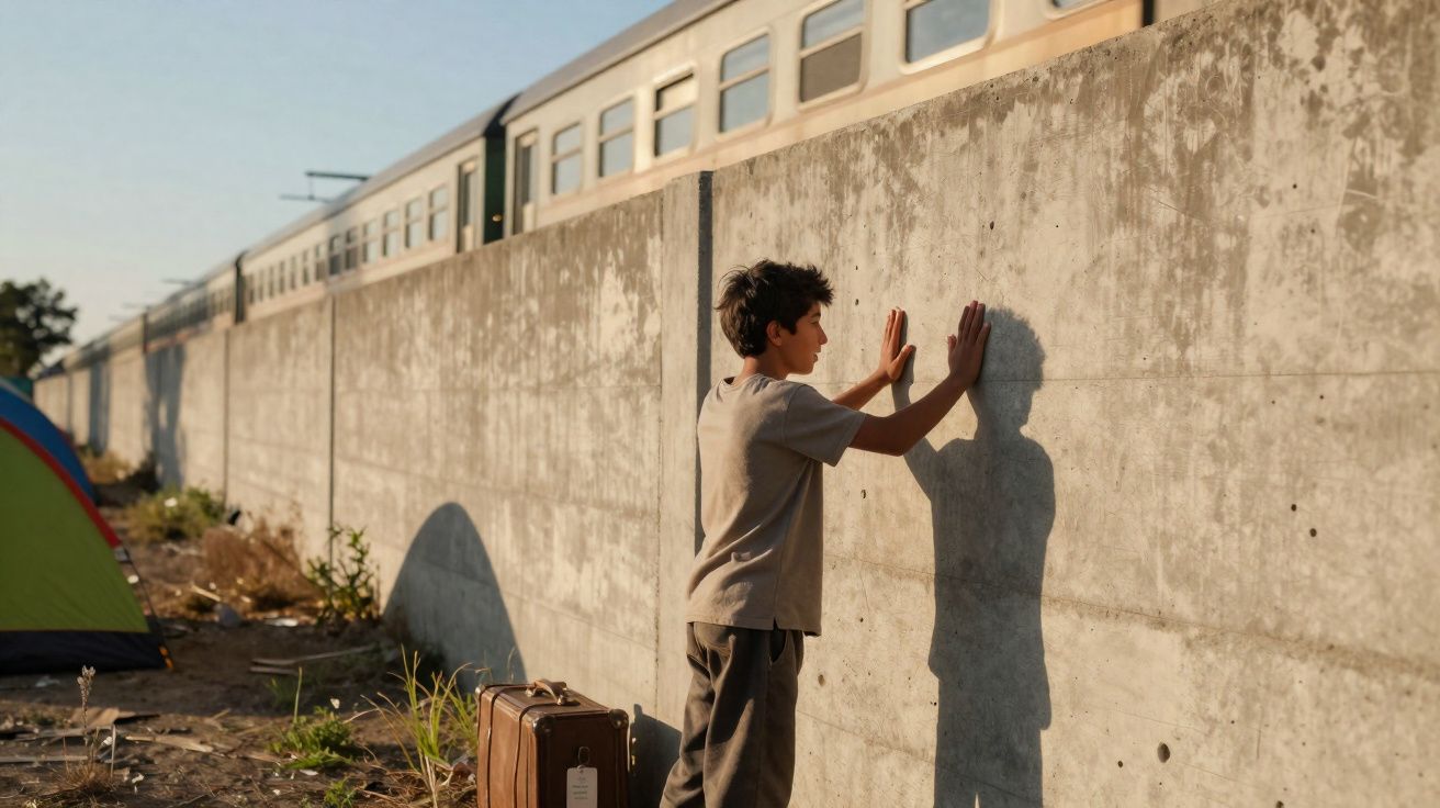 Menino encostado a um muro de cimento com as mãos, ao lado de uma mala, com um comboio a passar por cima.