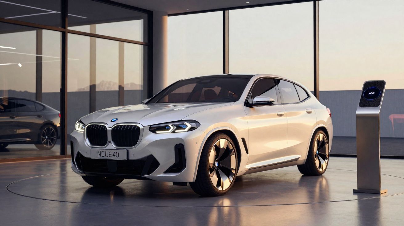 Carro elétrico BMW branco estacionado em showroom moderno com estação de carregamento ao lado.