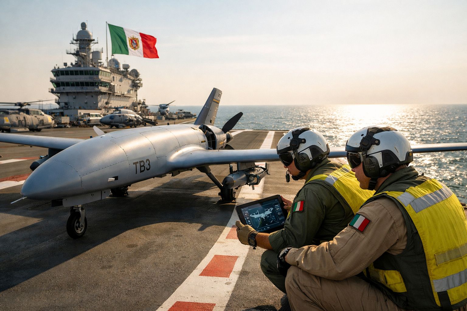Dois militares mexicanos com capacetes controlam drone militar no convés de porta-aviões ao pôr do sol.
