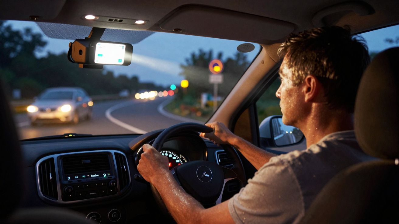 Homem a conduzir um carro à noite numa estrada sinuosa com outro veículo a aproximar-se em sentido contrário.