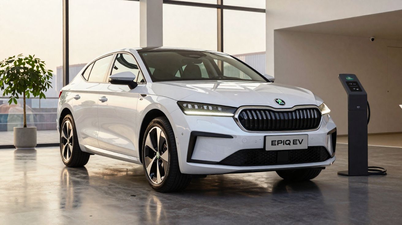 Carro elétrico branco Škoda EPIQ EV estacionado em interior com estação de carregamento ao lado.