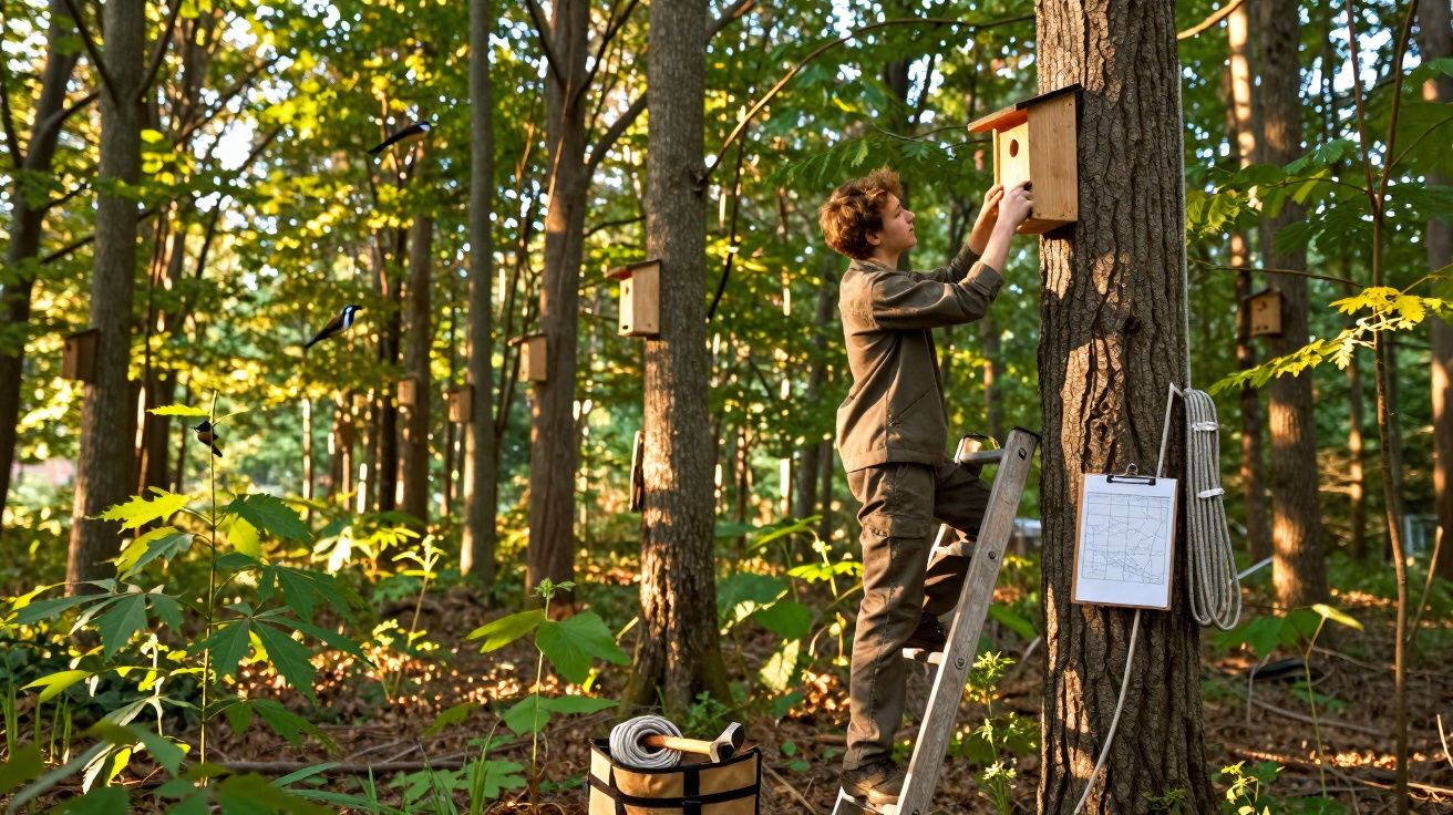 Jovem em escada instala caixa-ninho numa árvore numa floresta iluminada pelo sol.