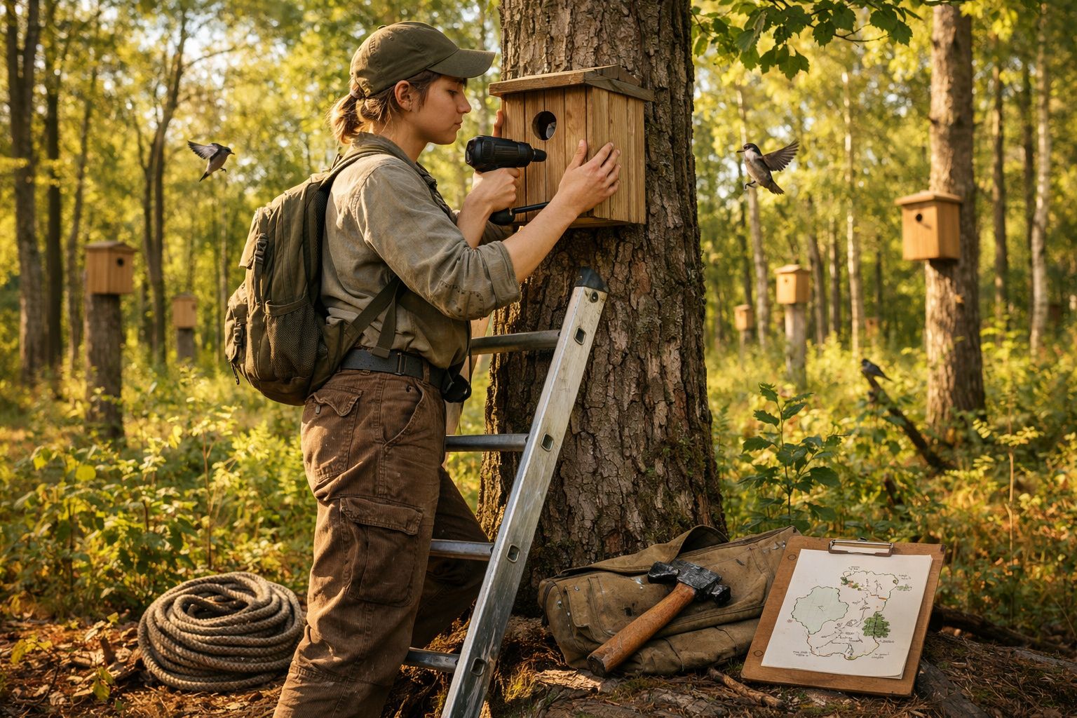 Pessoa a instalar uma casa de passarinho numa árvore numa floresta com várias caixas para aves.