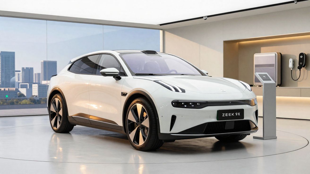 Carro elétrico branco Zeek 9X exposto em showroom moderno com vista urbana ao fundo.