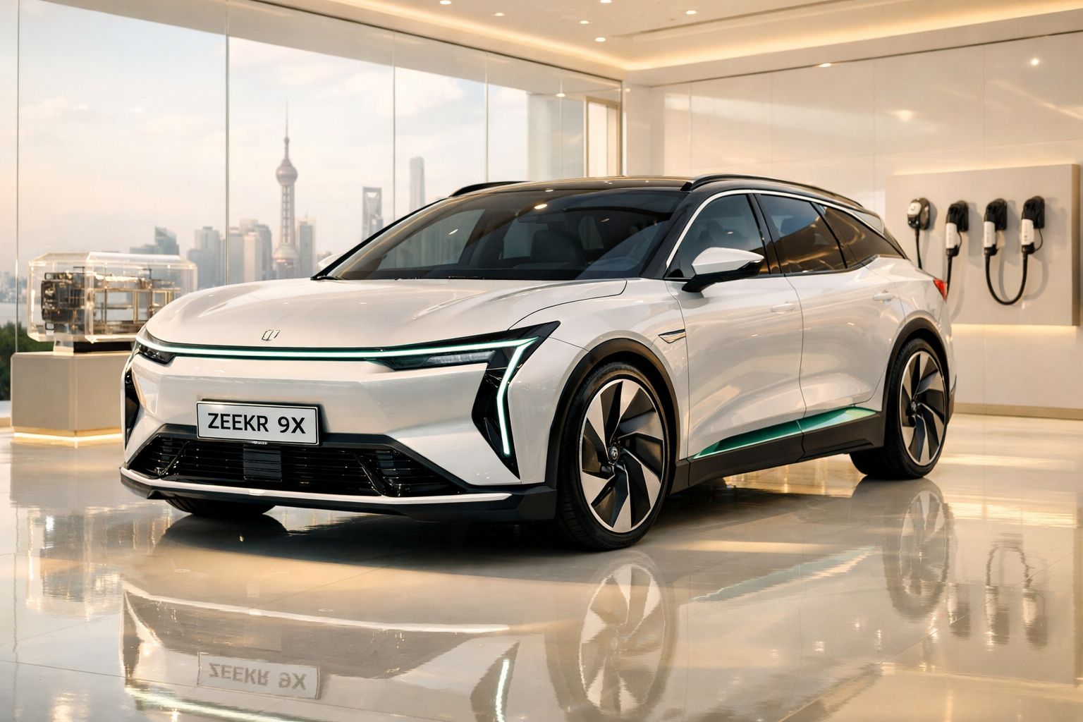 Carro elétrico moderno branco ZEEKR 9X numa exposição com carregadores elétricos na parede.