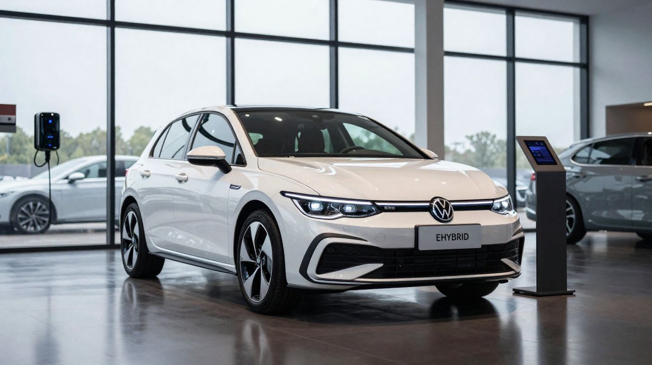 Carro branco Volkswagen híbrido estacionado em showroom com postos de carregamento elétrico ao redor.