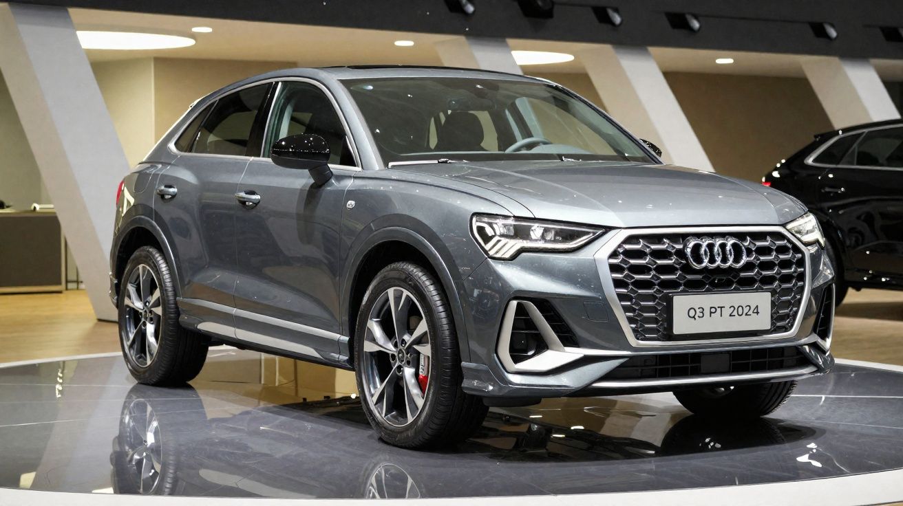 Carro Audi Q3 PT 2024 cinza exposto em stand moderno com chão reflexivo.