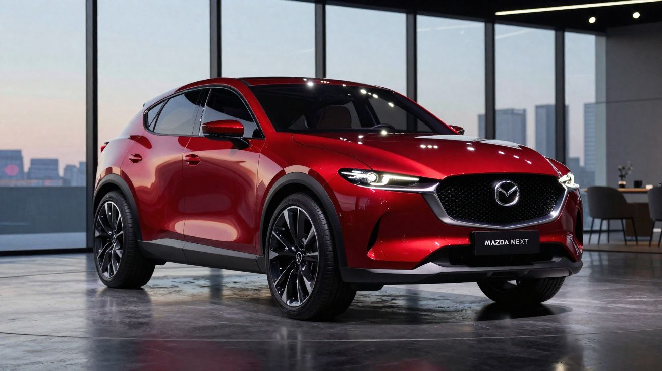 Carro SUV Mazda vermelho brilhante estacionado em piso de garagem moderna com janelas grandes ao fundo.