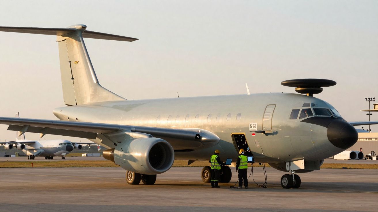 Avião militar estacionado no aeroporto com dois técnicos em coletes verdes a operar equipamentos.