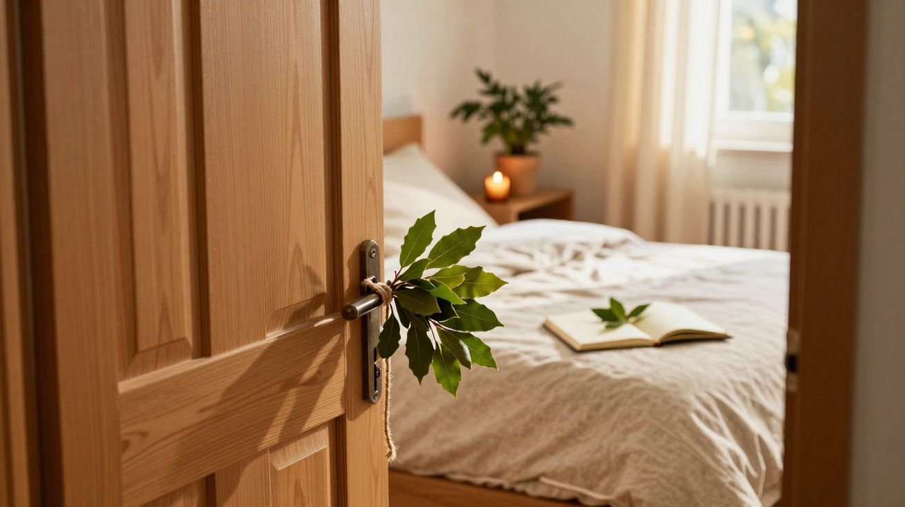 Porta de madeira entreaberta com ramo de folhas preso na maçaneta e cama com livro aberto numa decoração acolhedora.