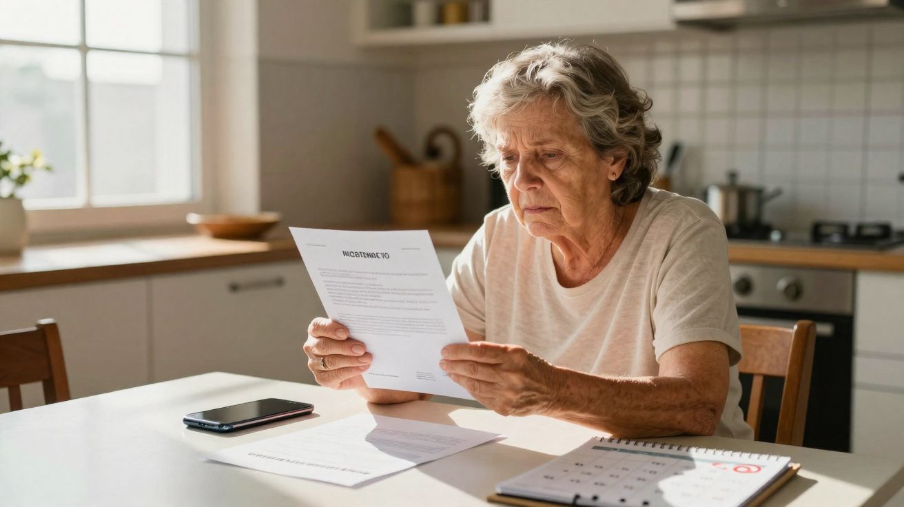 Mulher idosa sentada à mesa na cozinha a ler um documento com expressão preocupada.