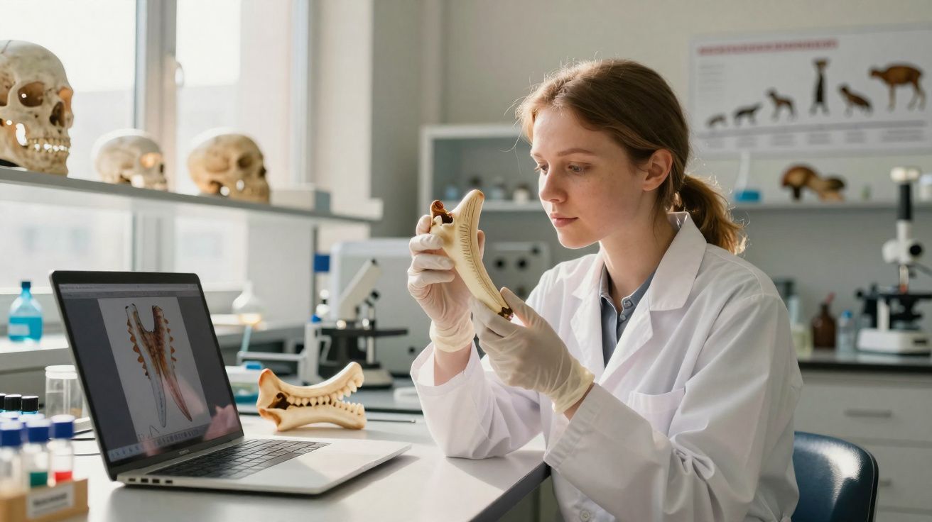 Investigadora em laboratório analisa mandíbula animal segurando peça óssea e computador com imagem 3D ao lado.