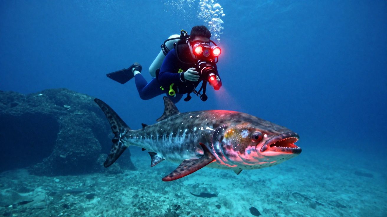 Mergulhador com equipamento e luzes vermelhas a observar um grande peixe pré-histórico no fundo do mar.