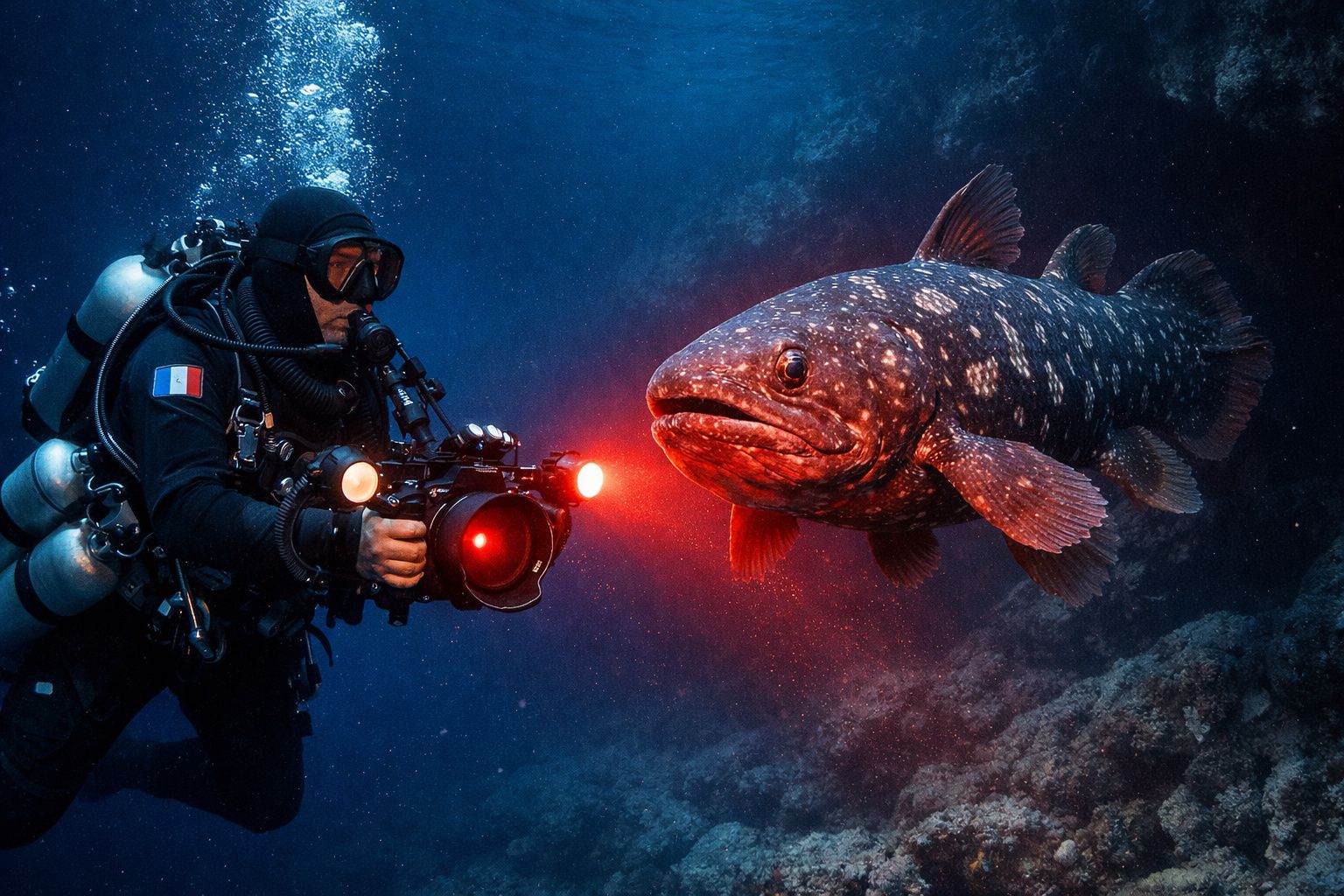 Mergulhador com câmara e luz vermelha fotografando peixe grande e raro no fundo do mar.
