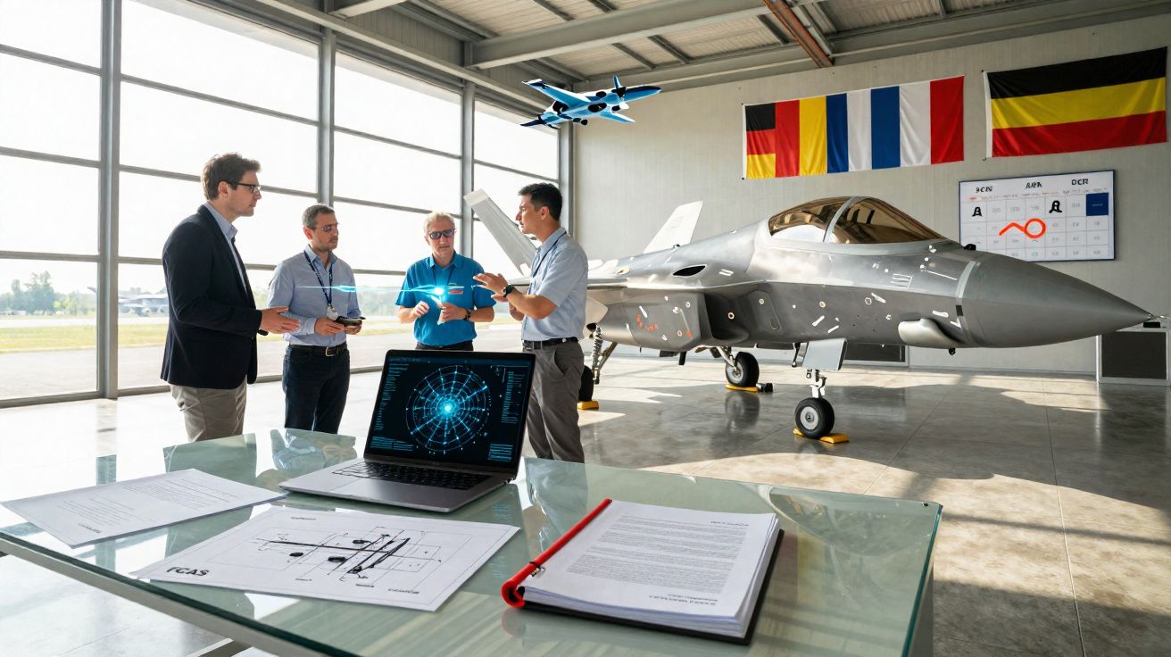 Quatro homens discutem ao lado de um jato militar num hangar com bandeiras europeias e plantas técnicas numa mesa.