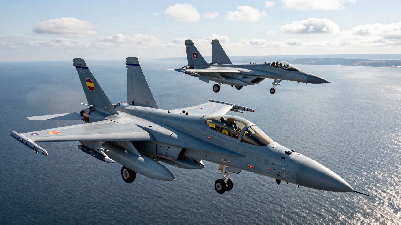 Dois caças militares em voo sobre o oceano sob um céu parcialmente nublado.