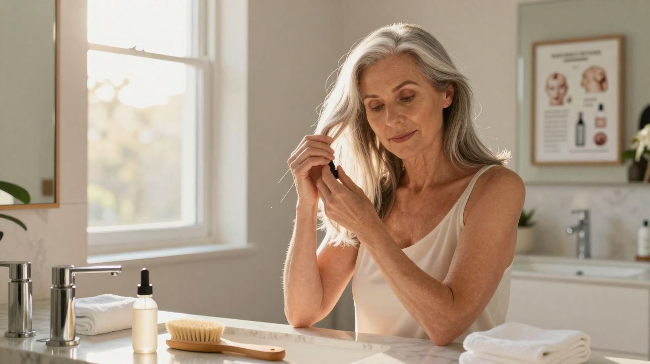 Mulher madura a cuidar do cabelo com óleo num ambiente de casa de banho iluminado naturalmente.
