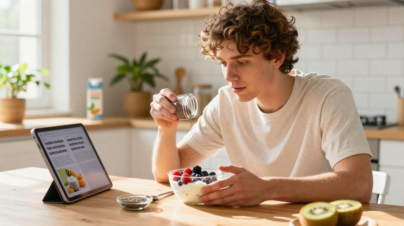 Jovem sentado à mesa da cozinha a polvilhar sementes numa taça de iogurte com frutos vermelhos.