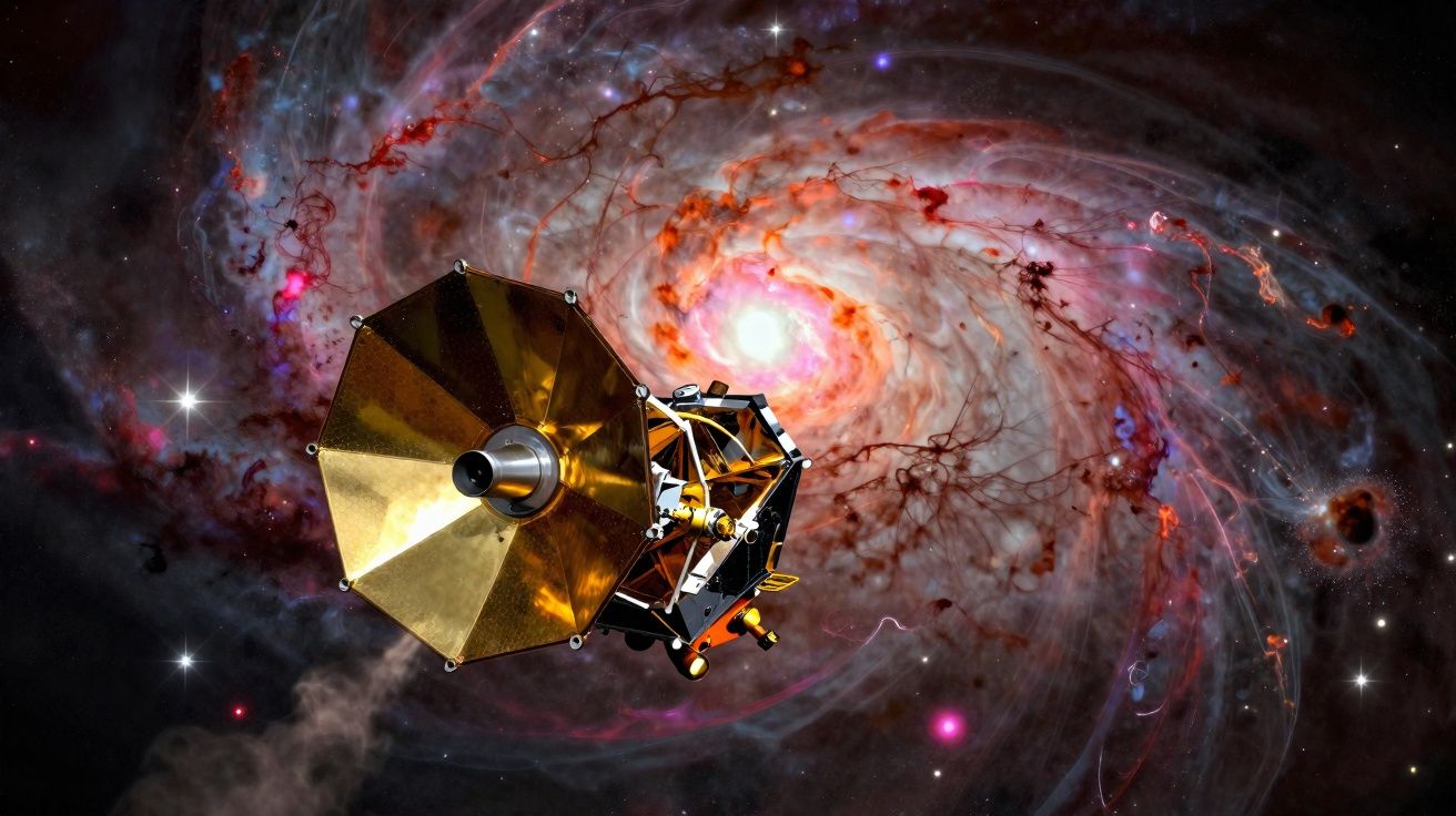 Sonda espacial dourada a observar uma galáxia espiral brilhante no espaço profundo.