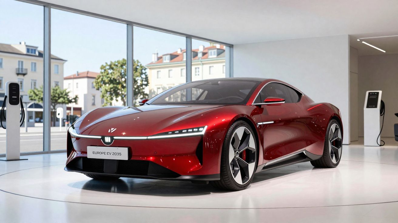 Carro desportivo vermelho elétrico futurista estacionado em sala moderna com postos de carregamento.